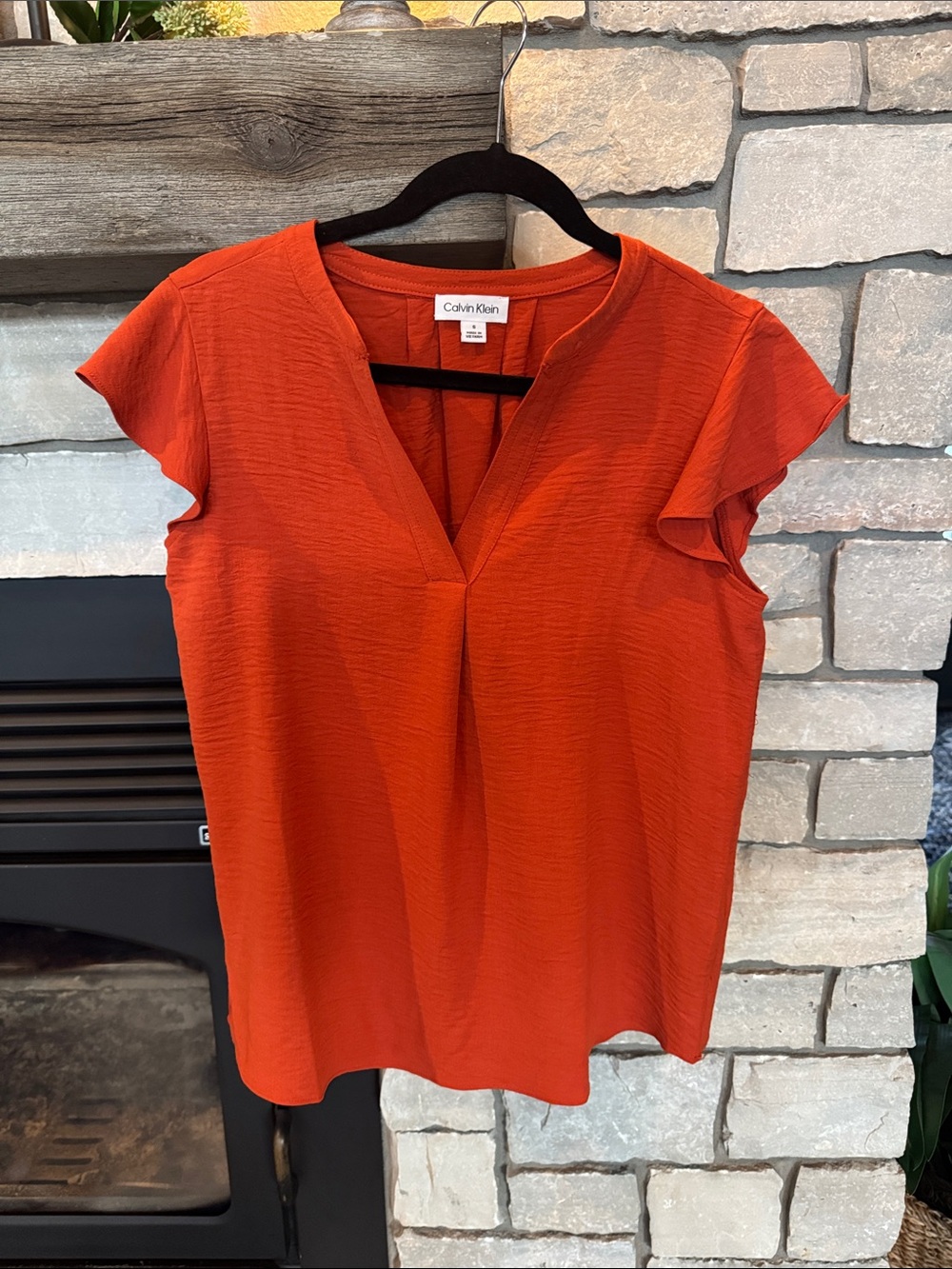 Calvin Klein Orange V-Neck Flutter Sleeve Blouse